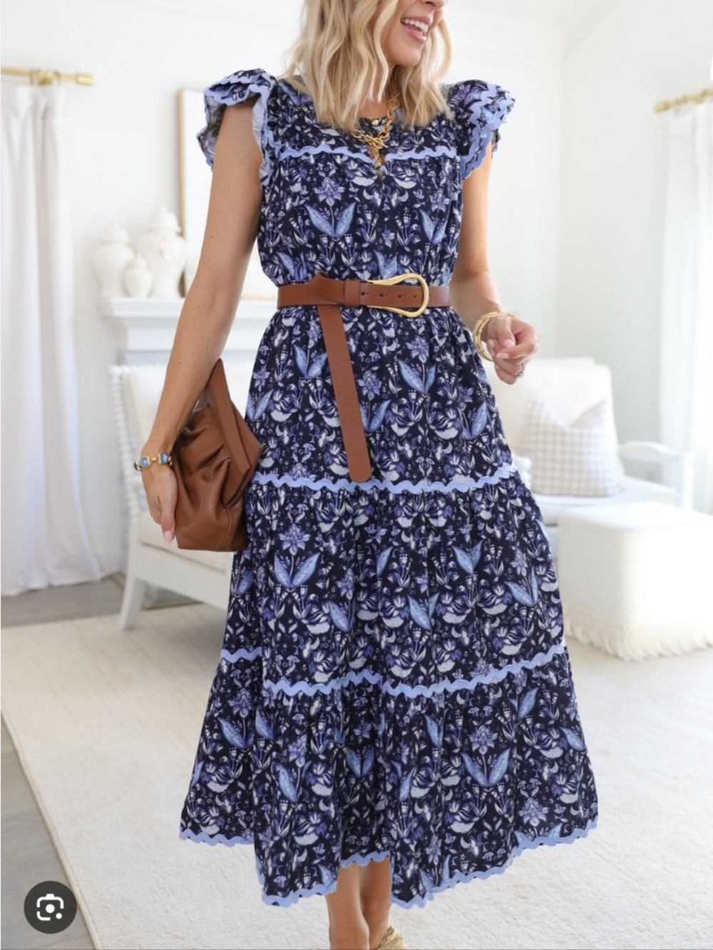 Sail to Sable Flutter Sleeve Midi Dress 100% Cotton Blue Medium - Picture 8 of 8